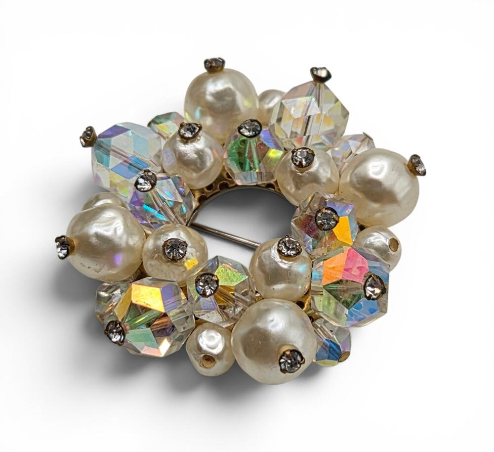 Vintage Aurora Borealis Crystal Faux Pearl Wreath Brooch 1.625"